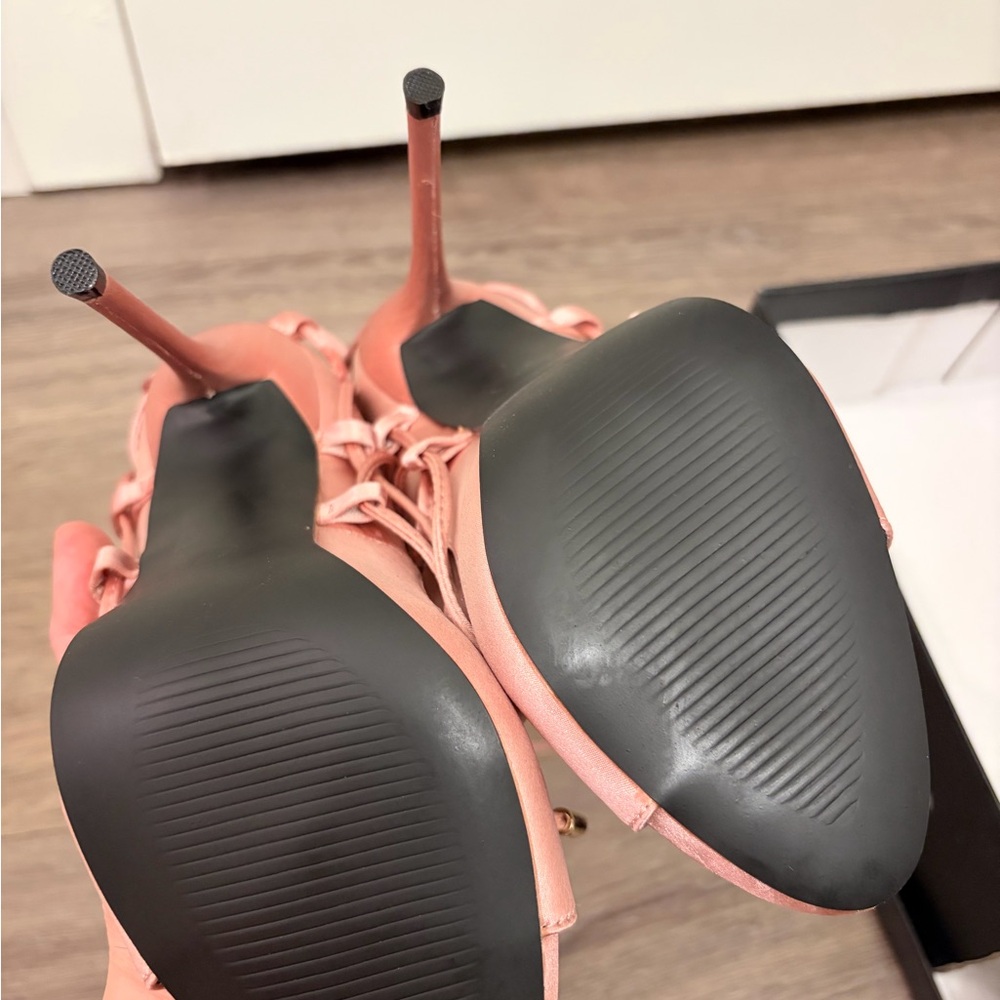 NWT Pink Satin Stiletto Heel Lace Up Sandals - Picture 7 of 13